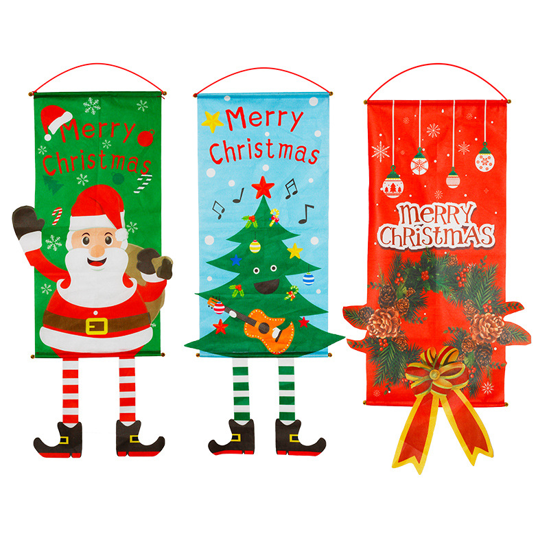 Christmas Flag Elf Snowman Cloth Hanging Cartoon Canvas Window Wall Decoration Supplies Scroll Pull Flag