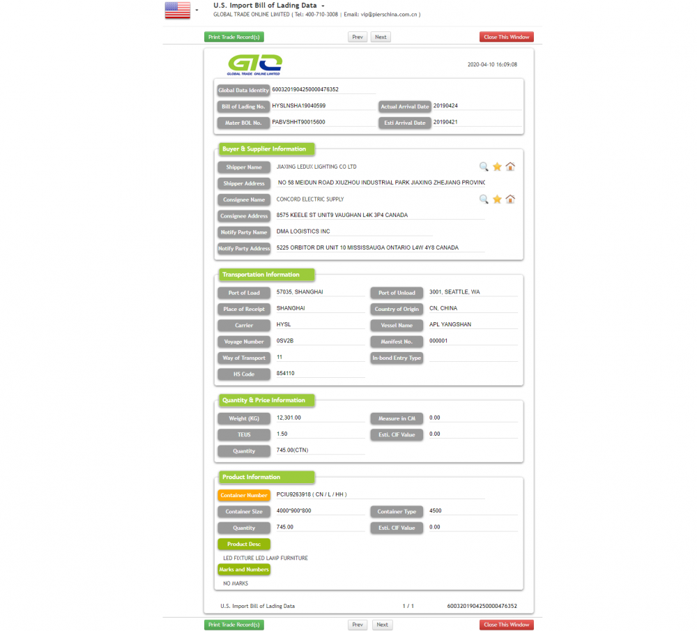 US Import danych B / L dla mebli LED