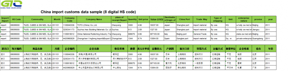 CN Import Customs Data For TILES