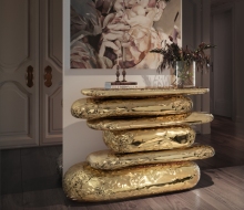 Luxury Gold Hammered Plated Ancient Book Shape Brown Marble Top Brass Console Table