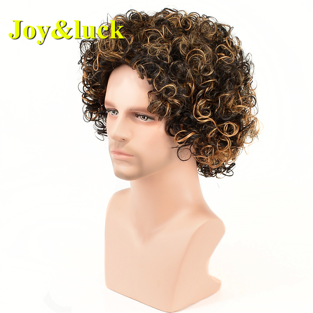 Wholesale Wigs for Men Brown Mix Gold Color Male High Temperature Fiber Short Natural Curly Men Wigs Synthetic Hair Wigs