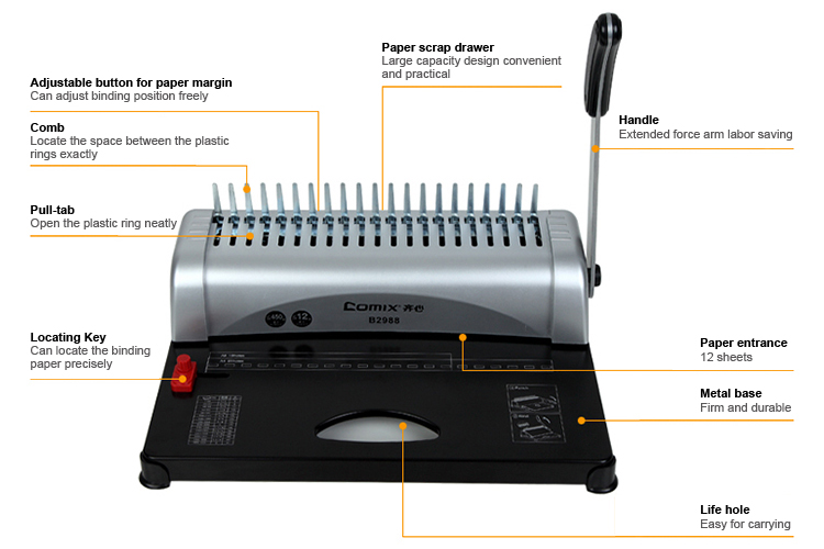 Office efficiency convenient for moving binding notebook, workbook, calender, documents etc 21 holes Comb Binding Machine