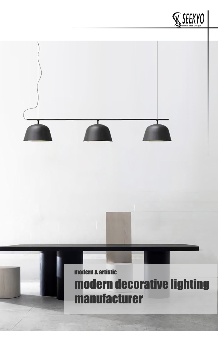 Industrial style in-line distribution of 3 E27 metal shade pendant lights