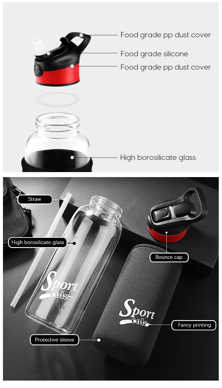 700ml Summer Borosilicate Glass Sports Water Bottle with Straw