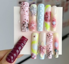 MONA Summer New Design High-Quality Handmade 3D Flowers Long Square Press-On Nails