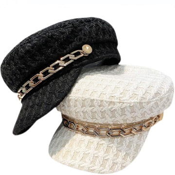 Korean Style Metal Chain Flat-top Navy Beret Hat for Women