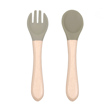 Wooden-Handle Silicone Fork and Spoon Set Feeding