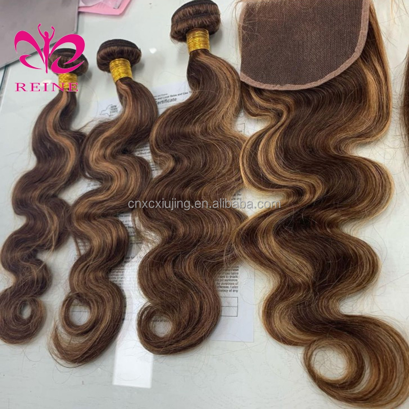 REINE Highlight Bundles With Closure Brazilian Body Wave Bundles With Closure Brown Remy Human Hair Bundles With Closure