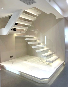 luxury modern style white marble tread floating staircase