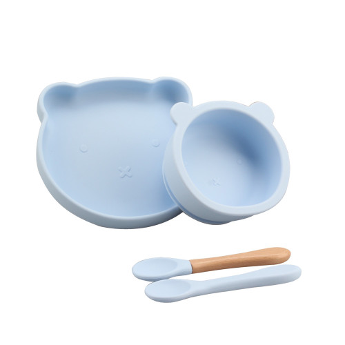 Bear-shaped Blue Silicone Baby Bowl Set with Spoon
