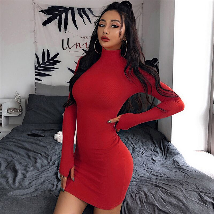 C4264 Wholesale ladies 2019 solid color O neck slim sexy women casual turtleneck bodycon mini dress fall women clothing