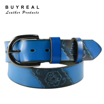 Color Blue Embossed on Split Cowhide Waist Belt