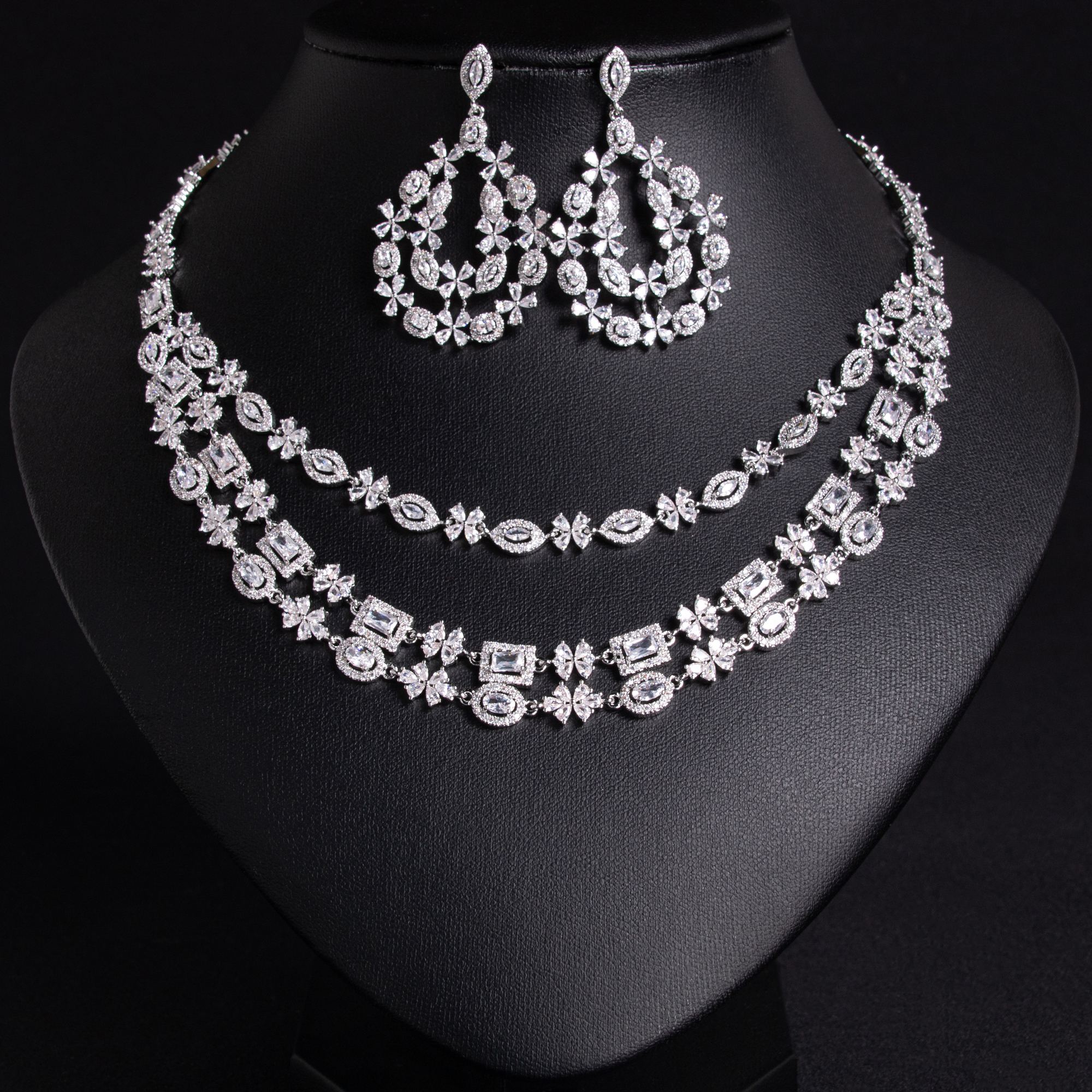 Layering Floral Bridal CZ Jewelry Set-white Layering Floral Bridal CZ Jewelry Set-white