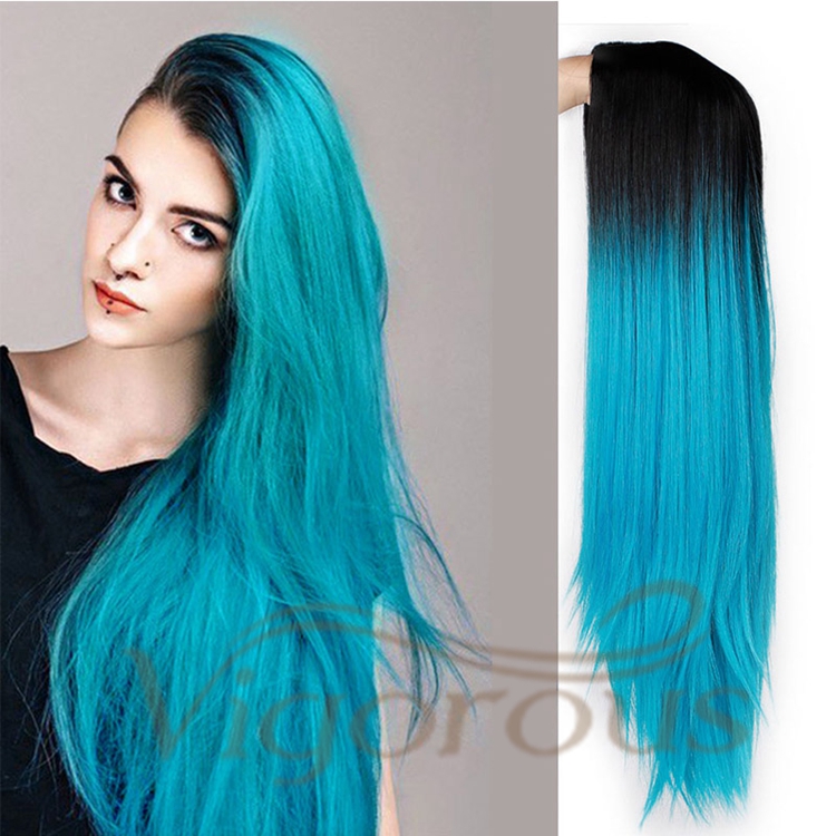 Vigorous Wholesale Top Quality Long Ombre Blue Dark Root Heat Resistant Fiber Cosplay Party For Black Women Synthetic Hair Wigs