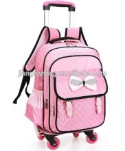 pink girl student roller backpack, school kids rolling backpack with Vara bow