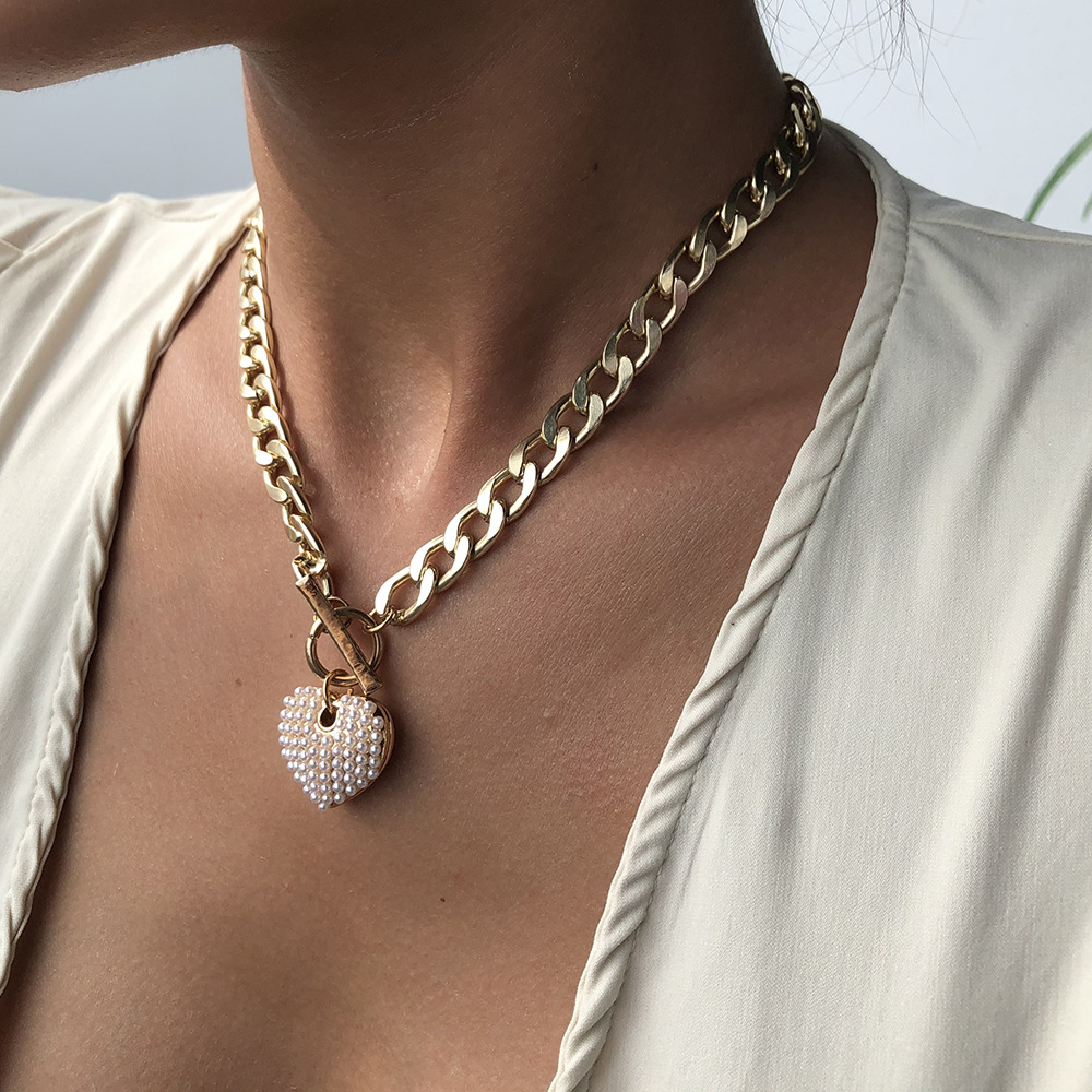 Chunky Necklace Statement Necklace Female Personality Bold Water Wave Clavicle Chain Heart Locket Necklace