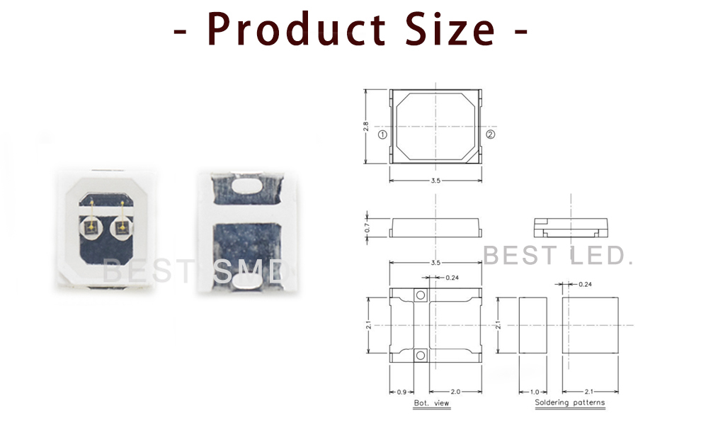 Size of 2835IRC140L7I400-2P 2835 SMD LED Far red infrared LED 1400nm 1450nm LED double chips