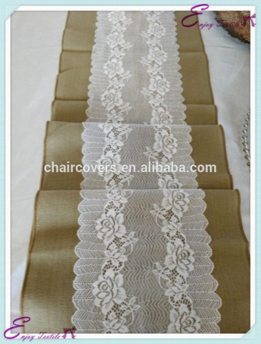 YHR#27 natural burlap hessian lace edge banquet wedding wholesale table runner cloth overlay linens