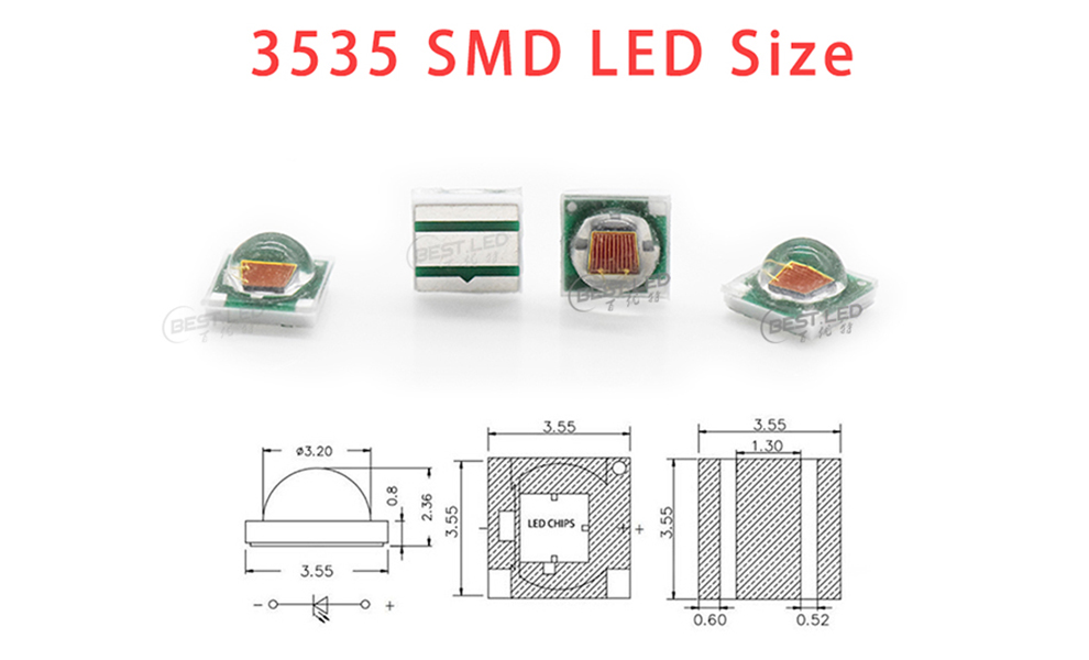 Size of 3535URC62D70L1W 1W High Power SMD LED 350mA 620nm LED