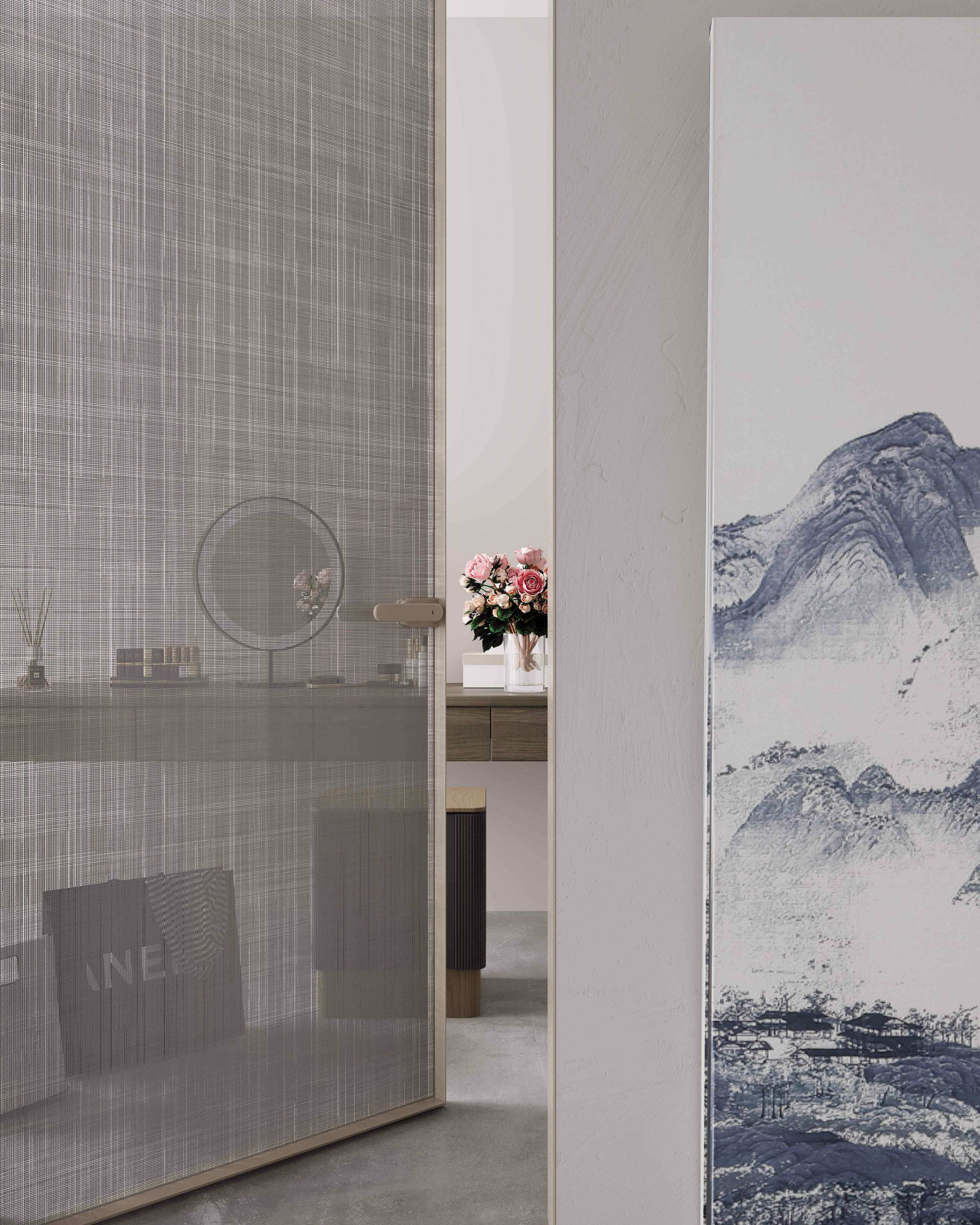 Porta giratória de vidro texturizado com reflexo de mesa de maquiagem