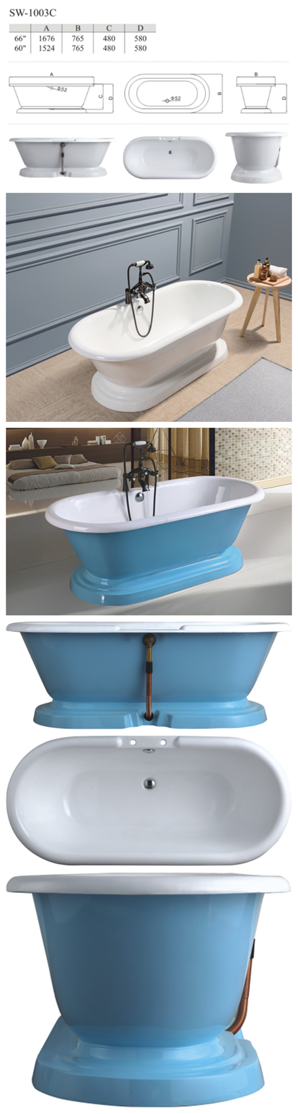 sky blue freestanding stone copper enamel bathtub