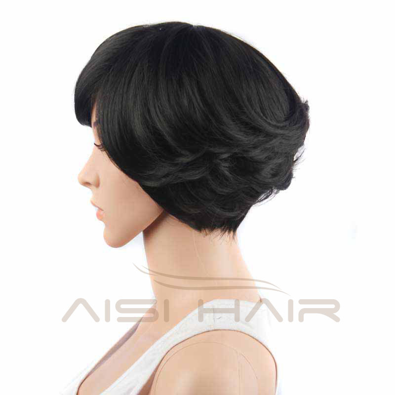 Factory Wholesale Price Short Black Wave Hair , Wigs With Side Bangs , Synthetic Pixie Cut Wigs For Black Women