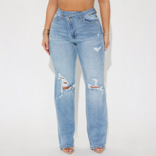 Light Wash Straight Leg Jeans Distressed Irregular Waist Denim Pants