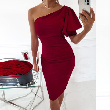 Women's One Shoulder Bow Detail Midi Sheath Dress