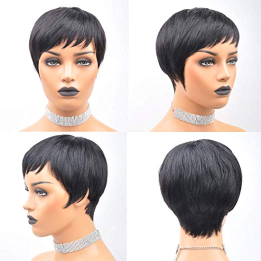 Pixie Cut Machine Made Wigs Short Human Hair Wigs for Black Women Short Straight Black Ladies Wigs 1B Color