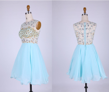 Fancy Short Evening Dresses 2015 blue Chiffon Prom Dress