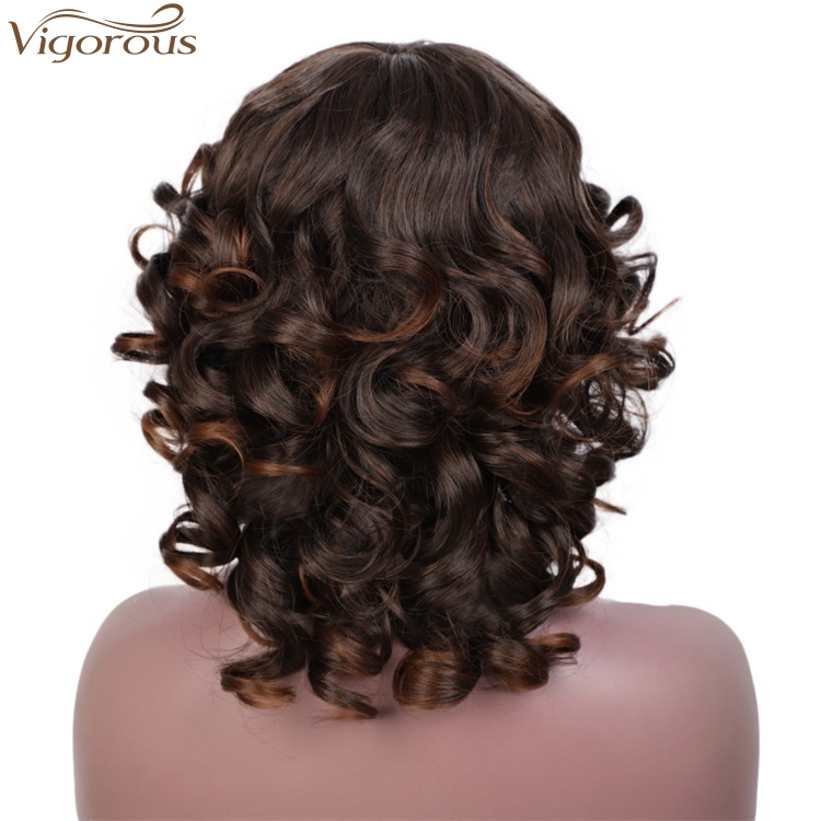 Vigorous Short Curly Wig With Bangs For Black Women Mixed Black And Brown Glueless Party Wig Synthetic Heat Resistant Hair Wig