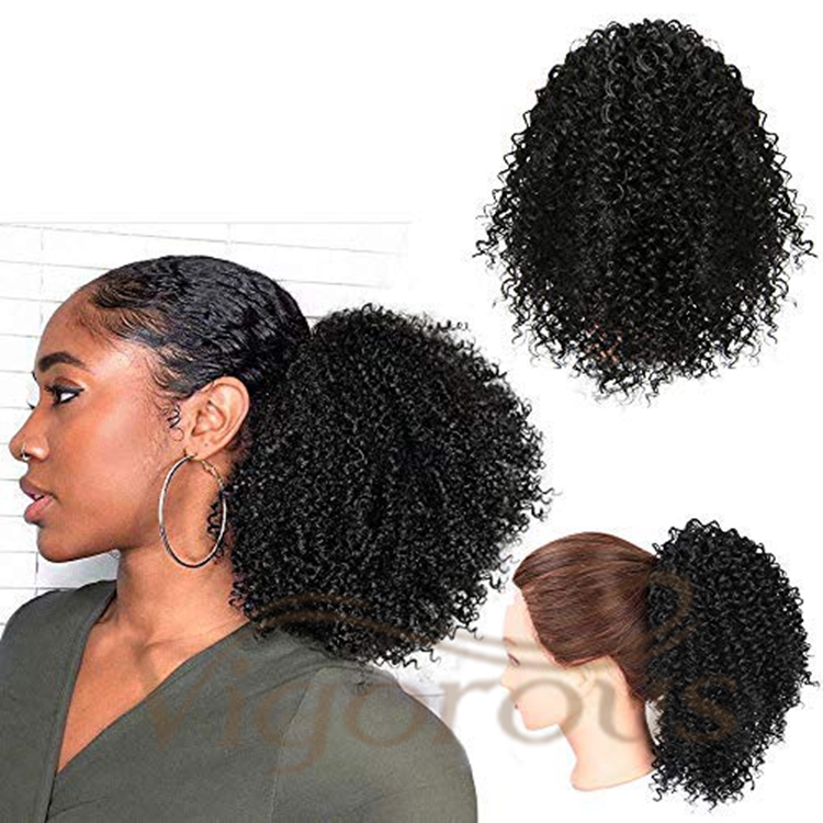 Vigorous Hot Selling Wholesale Fluffy Kinky Curly Heat Resistant Fiber Machine Made Drawstring Synthetic Ponytail Hair Extension
