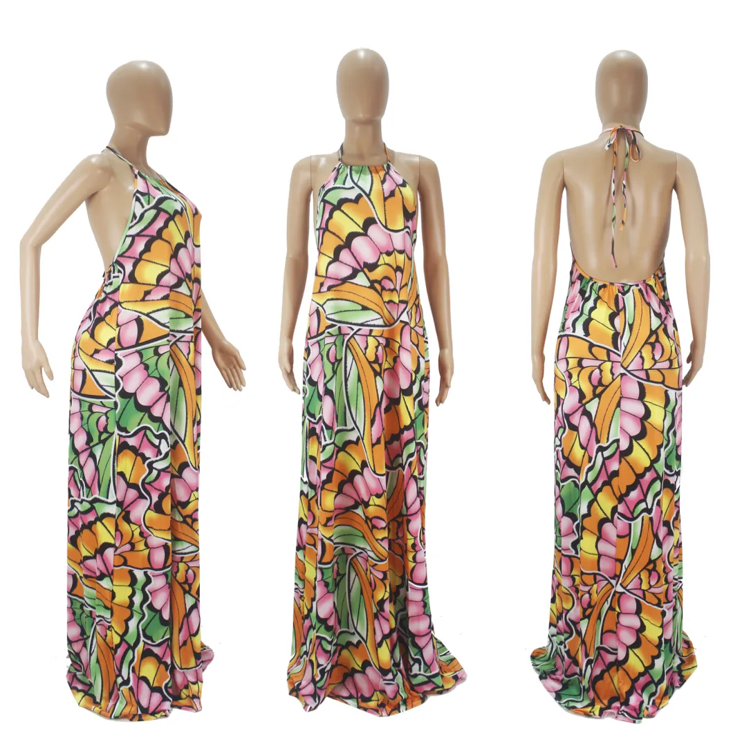 L51695 New Arrival Streetwear Women Sexy Drawstring Casual Pattern Print Halter Maxi Dress