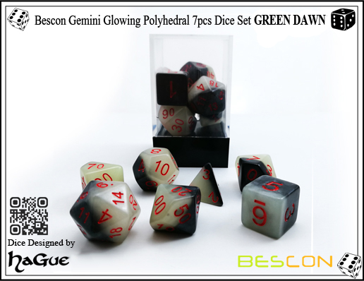 Bescon Gemini Glowing Polyhedral 7pcs Conjunto de Dados VERDE DAWN-3 Bescon Gemini Glowing Polyhedral 7pcs Dice Set GREEN DAWN-3