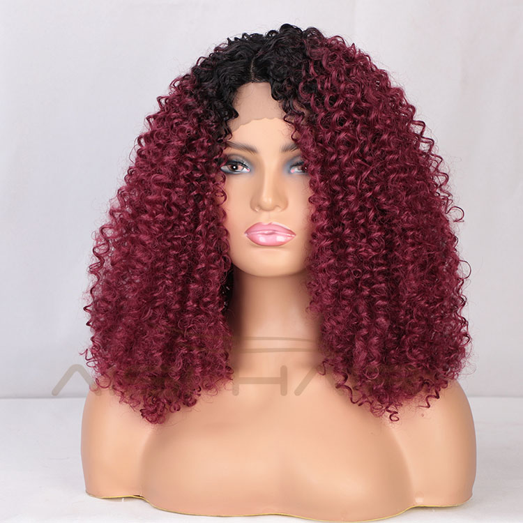 Aisi Hair Medium Long Afro Kinky Curly Wig Cosplay Ombre Red Swiss Lace Synthetic Wig Lace Frontal Hair Wigs For Black Women