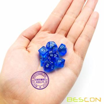 Bescon Mini juego de dados RPG poliédricos translúcidos 10MM, juego de rol pequeño RPG juego de dados Set D4-D20 en tubo, azul transparente