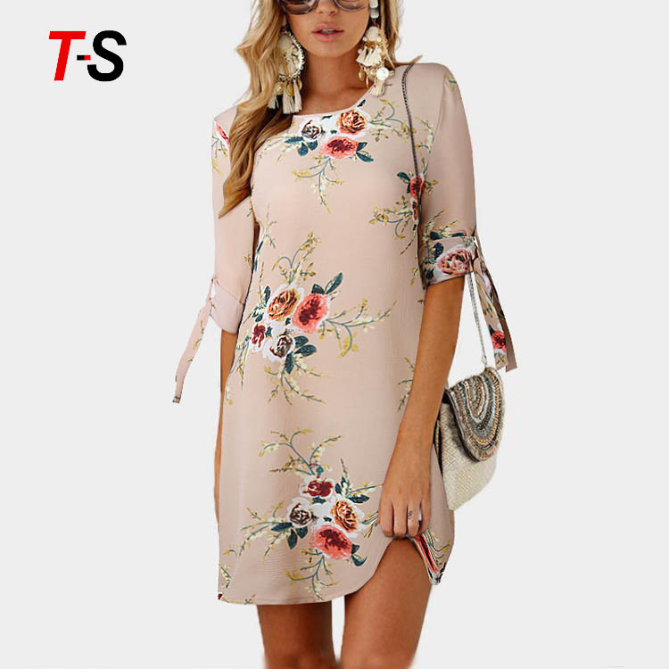 New summer fashion short sleeve print tie round neck dress