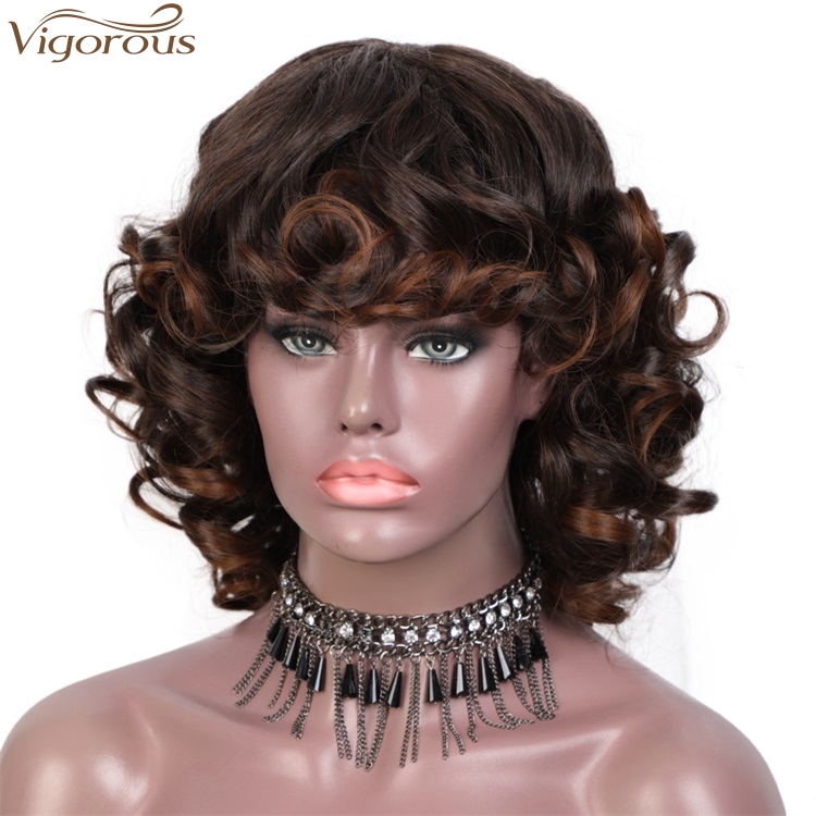 Vigorous Fashion Girl High Temperature Fiber Short Curly Black Mixed Brown Wigs Synthetic wigs For Black Women Wholesale Price
