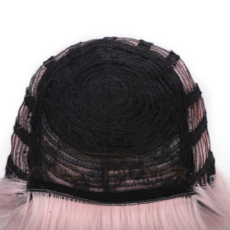 Aisi Hair High Temperature Fiber Straight Short Bob Wigs Ombre Pink Short Bob Wigs with Neat Bangs Cosplay Short Bob Wigs