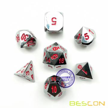 Bescon Heavy Duty Shiny Chrome Metal Dice Set of 7, Solid Metallic Chrome Polyhedral Role Playing Game Dice Set w/ Red Numbers