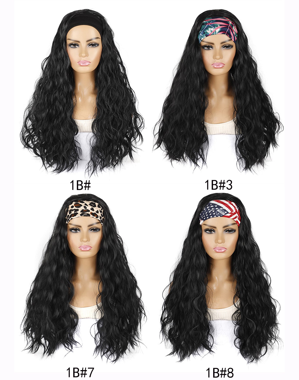 Heat Resistant Synthetic Wavy Curly Wigs With colorful Headband afro wig Long Straight