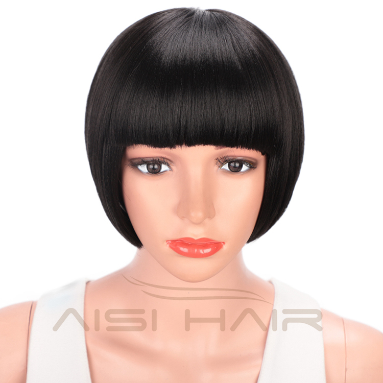 Natural Black Synthetic Short Bob Heat Resistant Synthetic Fiber Wigs Short Bob Wigs With Bangs for Women