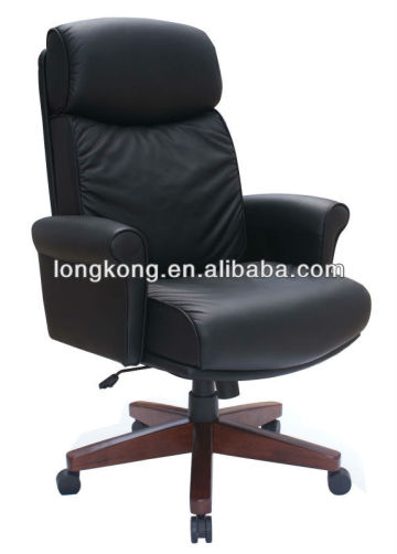 Comfortable office geniune leather chair with wooden base