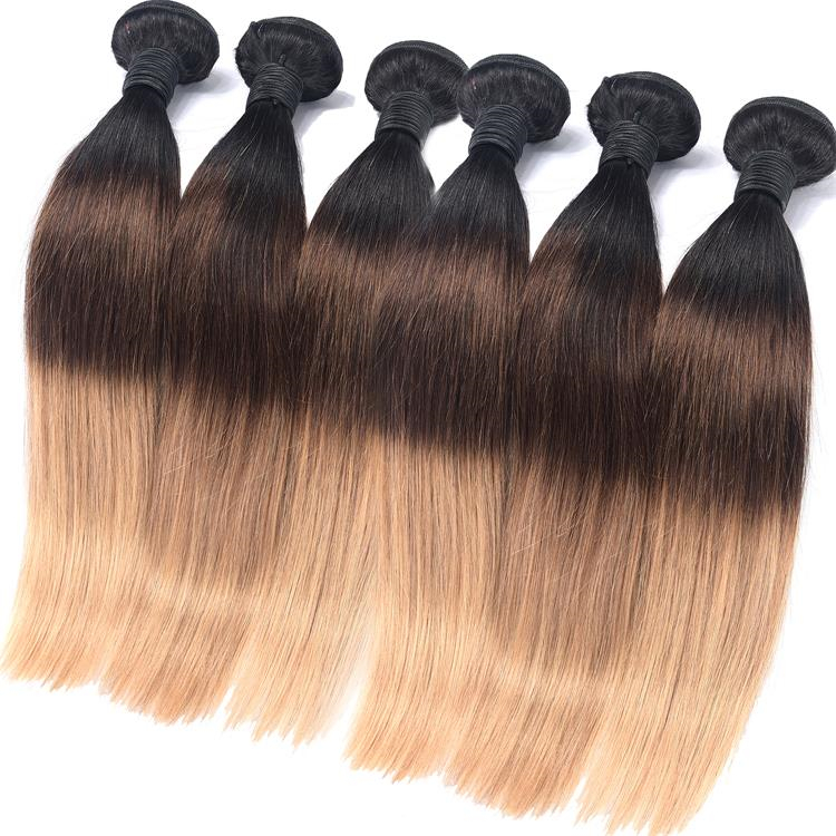 Cabello humano dubai mercado al por mayor de tres tonos ombre 1b/4/27# templo indio cabello rubio cabello corporal bundles