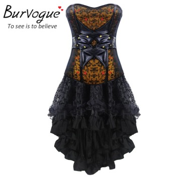 Wholesale Gothic Steampunk Leather Corset Dress Long Lace Dress Clubwear