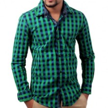 Pointed collar,Green checked shirt, has attached hood, long sleeves