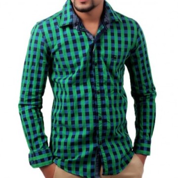 Pointed collar,Green checked shirt, has attached hood, long sleeves