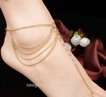 Fashion Golden Multi Row Chains Glass Crystal beads with Rosary Anklet with Toe ring Whole Sale Beach Wear