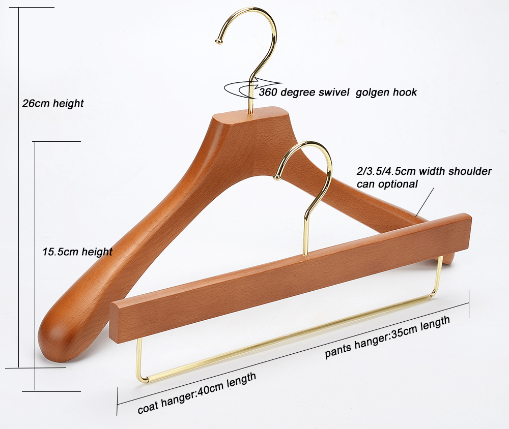 Suit hanger customized luxury coat hanger wood and pants hanger with golden hook for display