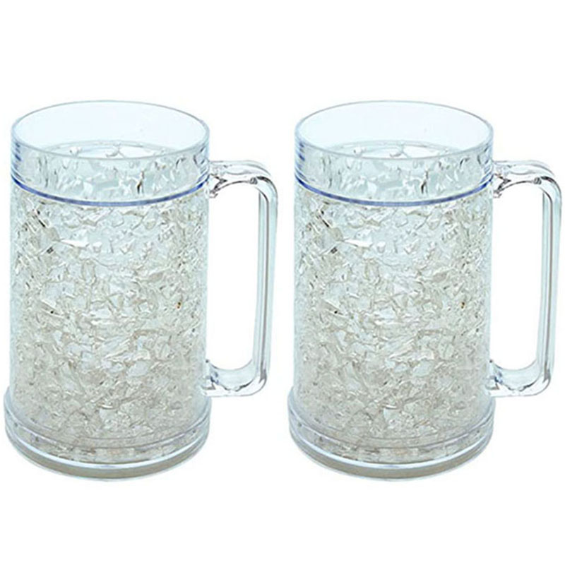 2 Pack Clear Double Wall Gel Frosty Freezer Mugs, 16oz Ice Frosty Beer Mugs Freezable Drinking Cups with Handle
